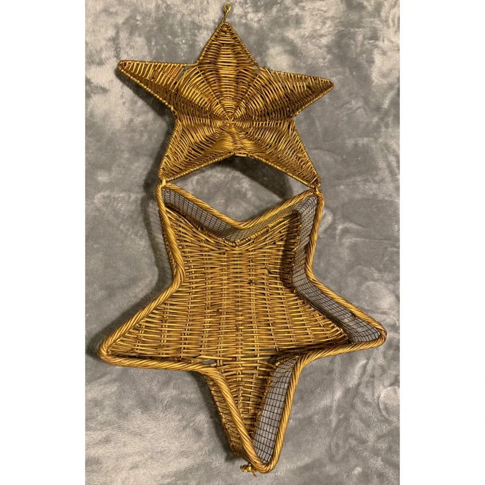 Vintage Gold Wicker Star Basket Hinged Lid Celestial Decor Gift Box Boho Star